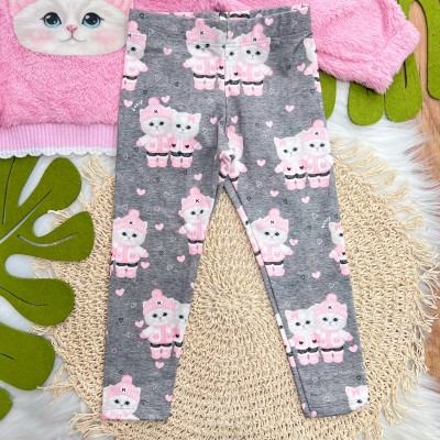Conj. Casaco em Pelo Carneirinho Gatinha com Gorro e Calça Legging - Rosa